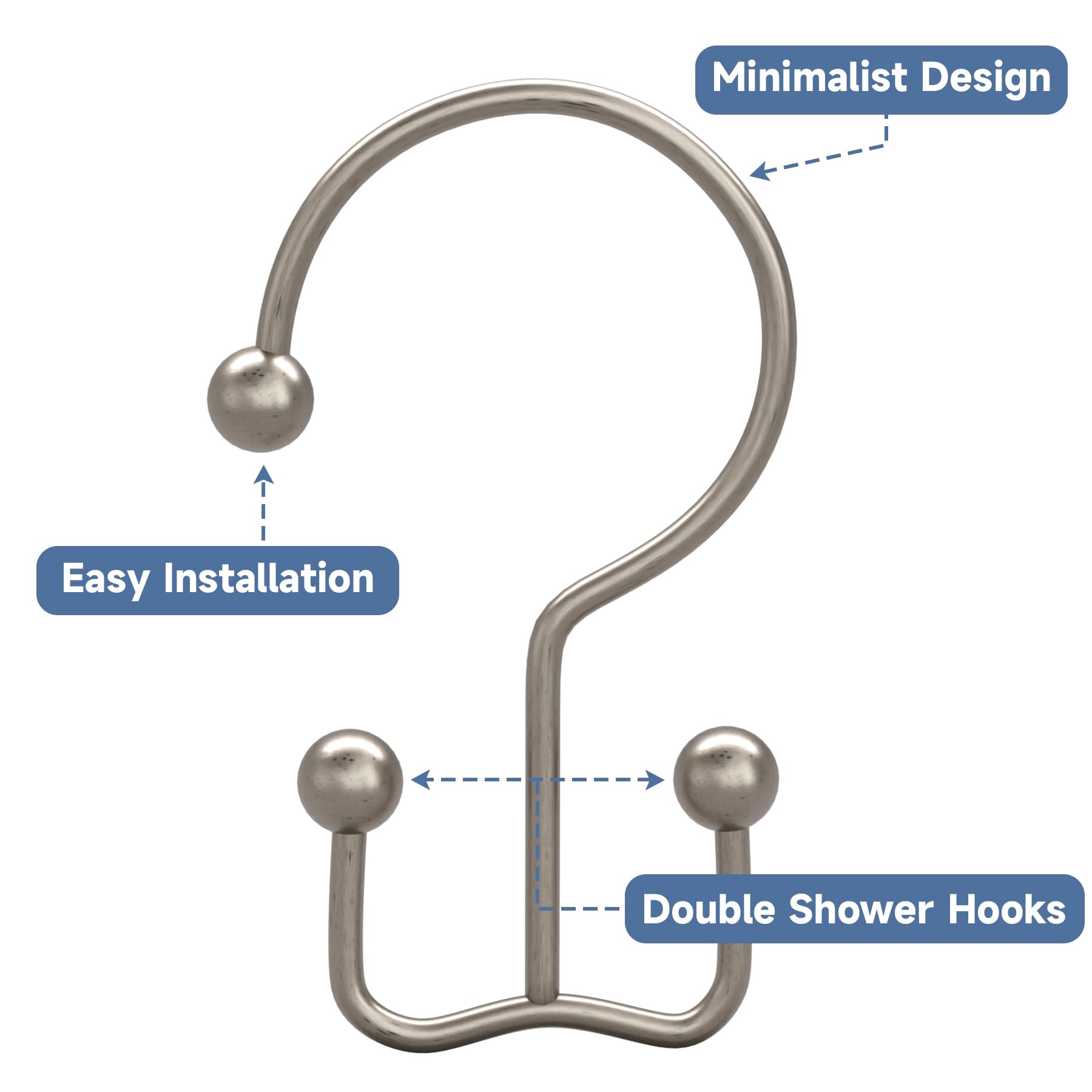 Titanker Black Shower Curtain Hooks Rings, Rust-Resistant Metal Double Glide Shower Hooks for Bathroom Shower Rods Curtains, Set of 12 Hooks - Matte Black