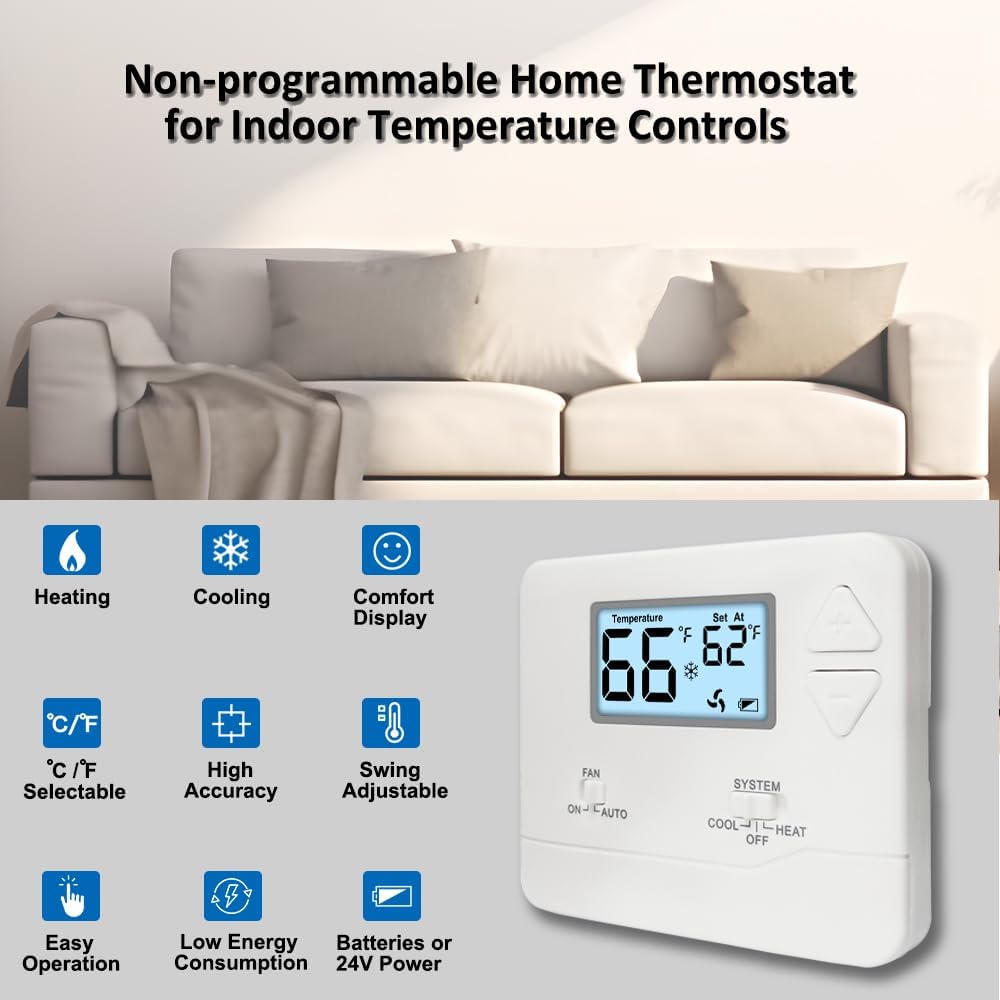 NonProgrammable Thermostat for Home, Digital Energy-Saving Thermostat,Single-Stage Systems, 1 Heat/1 Cool, Easy DIY Install, White Backlight
