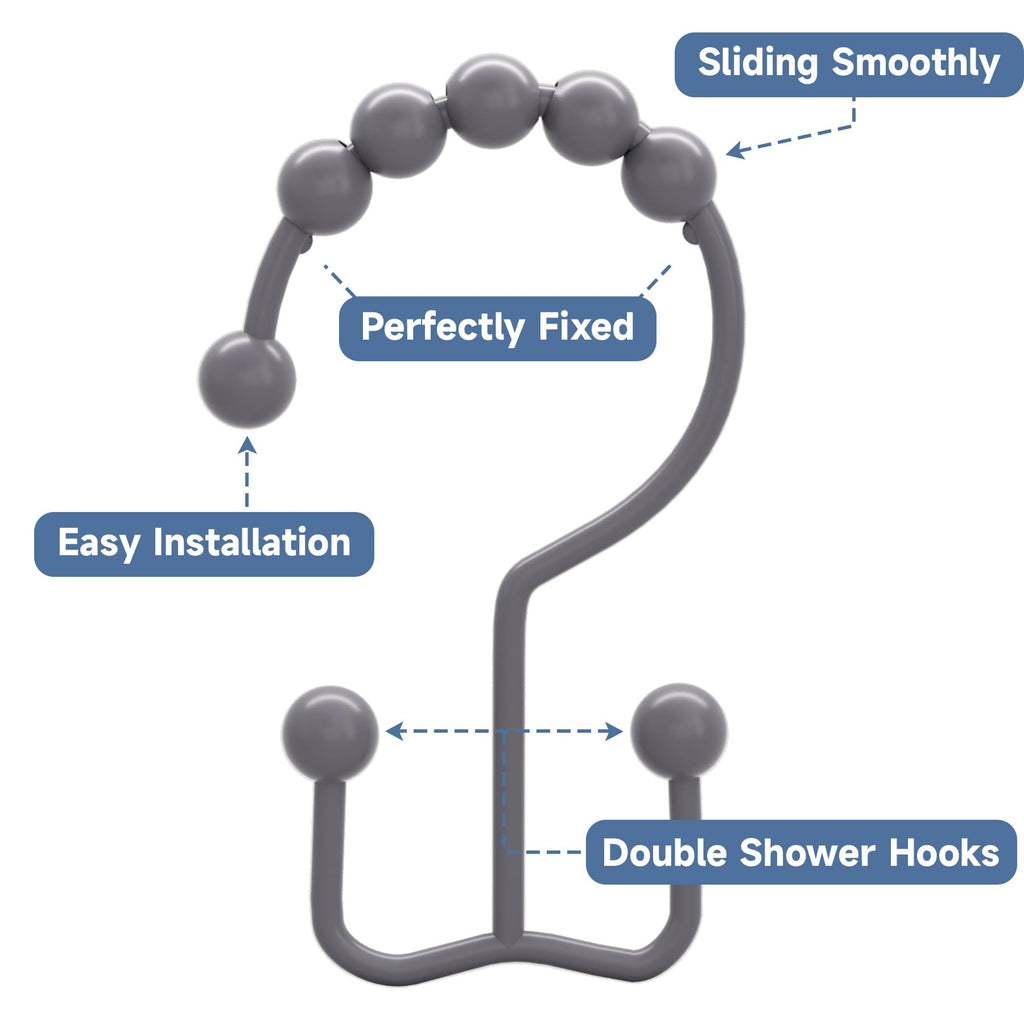 Titanker Black Shower Curtain Hooks Rings, Rust-Resistant Metal Double Glide Shower Hooks for Bathroom Shower Rods Curtains, Set of 12 Hooks - Matte Black