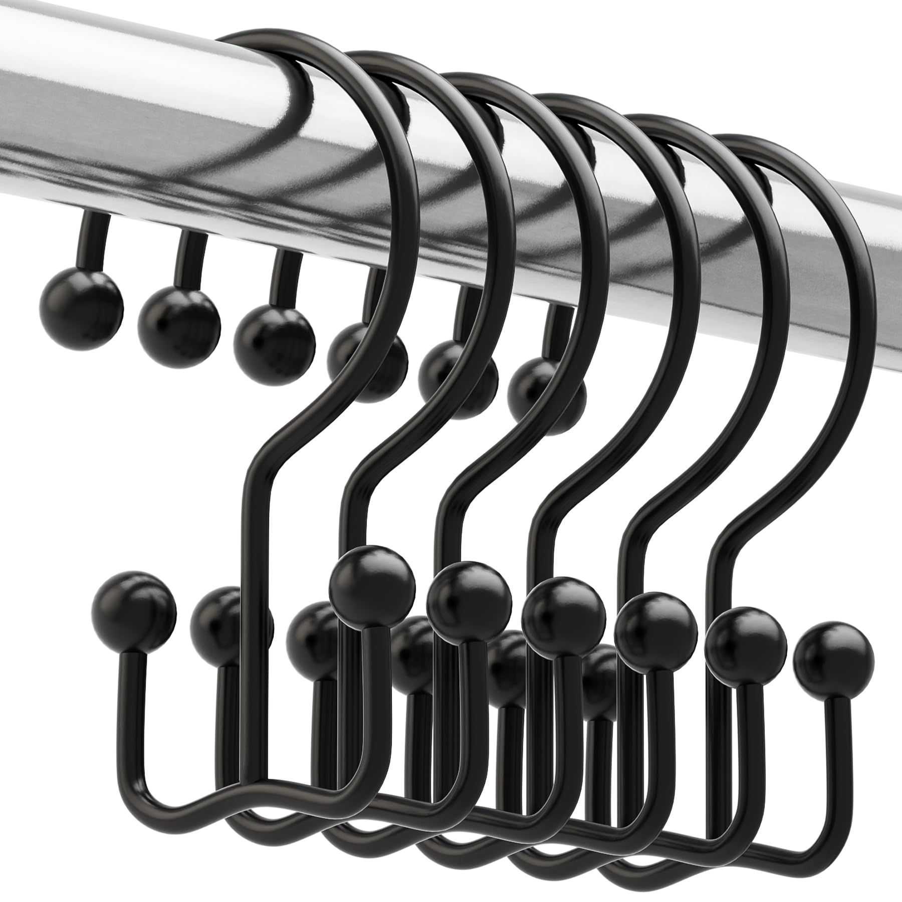Titanker Black Shower Curtain Hooks Rings, Rust-Resistant Metal Double Glide Shower Hooks for Bathroom Shower Rods Curtains, Set of 12 Hooks - Matte Black