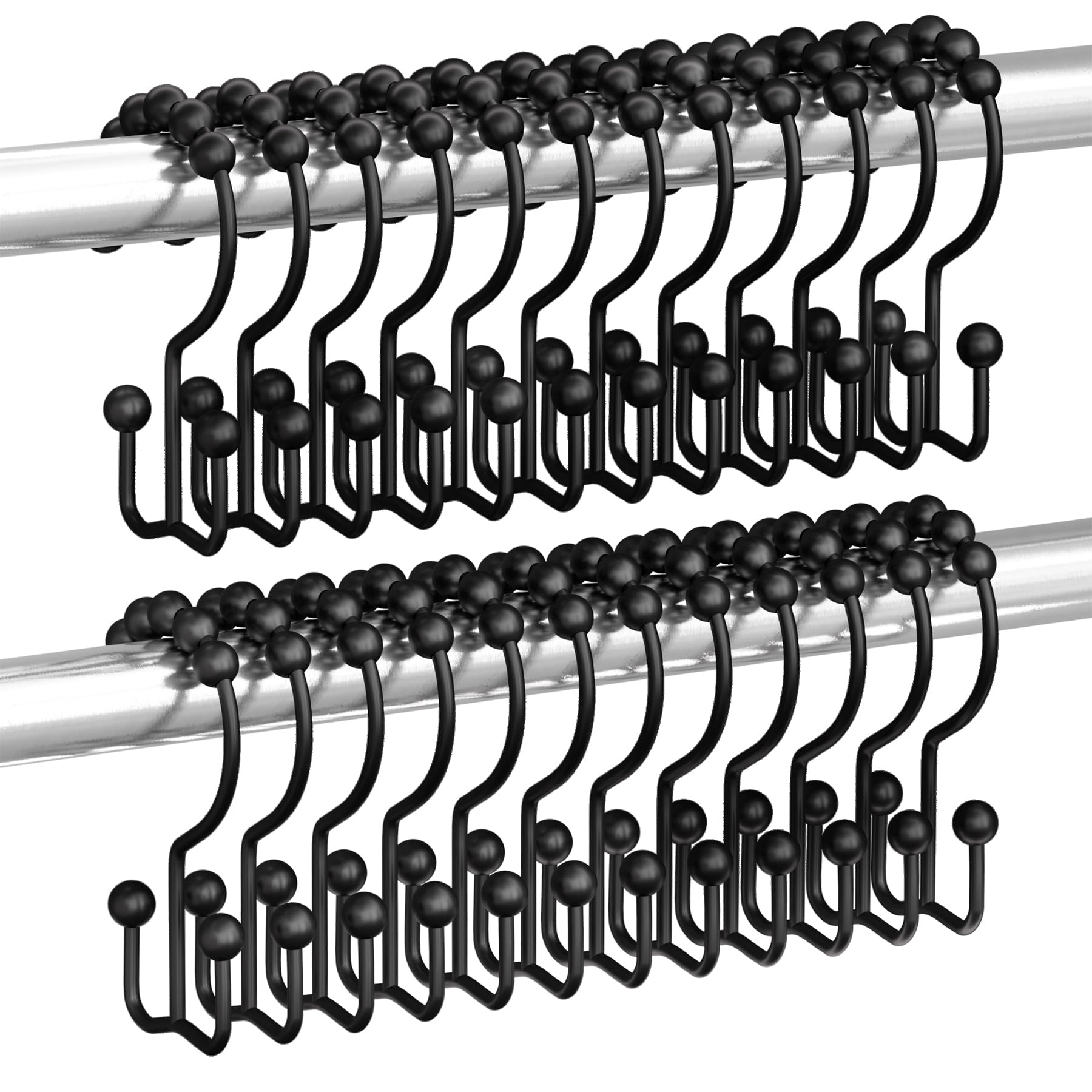 Titanker Black Shower Curtain Hooks Rings, Rust-Resistant Metal Double Glide Shower Hooks for Bathroom Shower Rods Curtains, Set of 12 Hooks - Matte Black