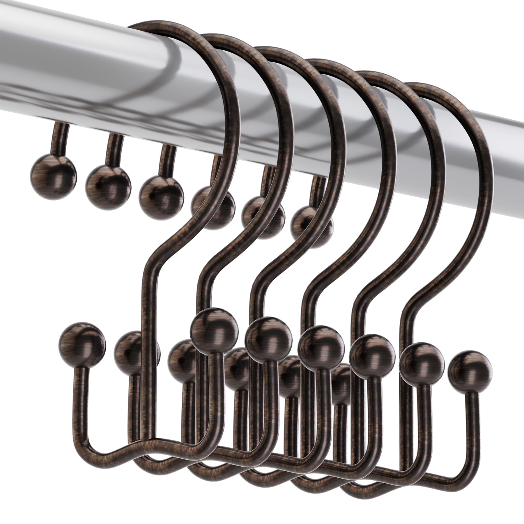 Titanker Black Shower Curtain Hooks Rings, Rust-Resistant Metal Double Glide Shower Hooks for Bathroom Shower Rods Curtains, Set of 12 Hooks - Matte Black