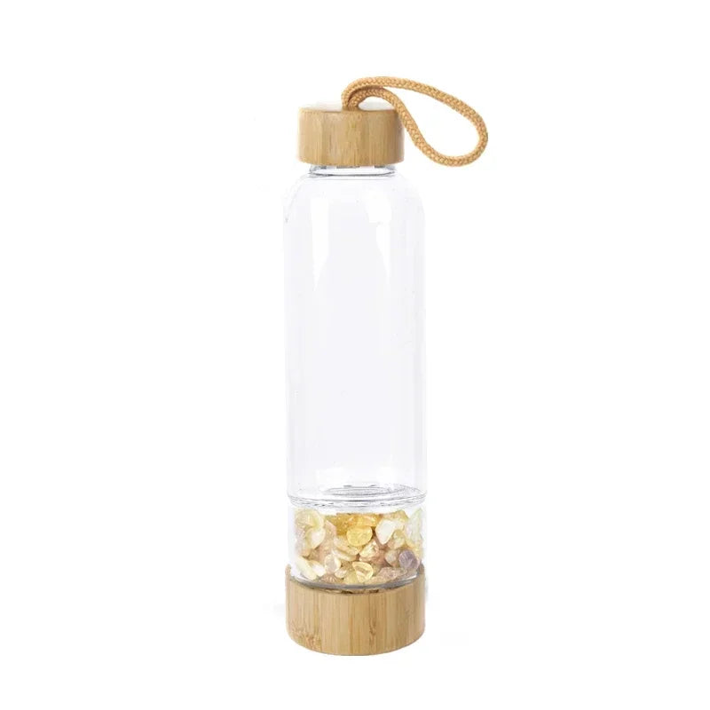Gravel Gemstone Healing Glass Energy Elixir Drink Water Bottle Bamboo Glass Cup