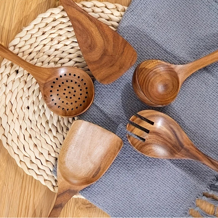 5Pcs Natural Wooden Tableware Wooden Spoon