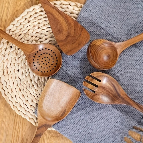 5Pcs Natural Wooden Tableware Wooden Spoon