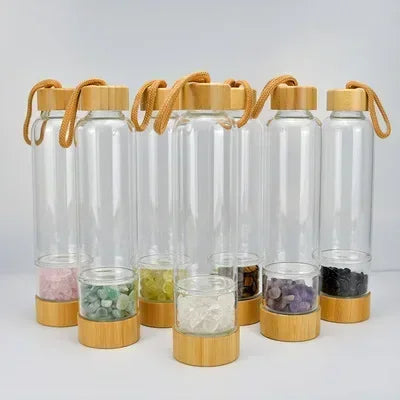 Gravel Gemstone Healing Glass Energy Elixir Drink Water Bottle Bamboo Glass Cup