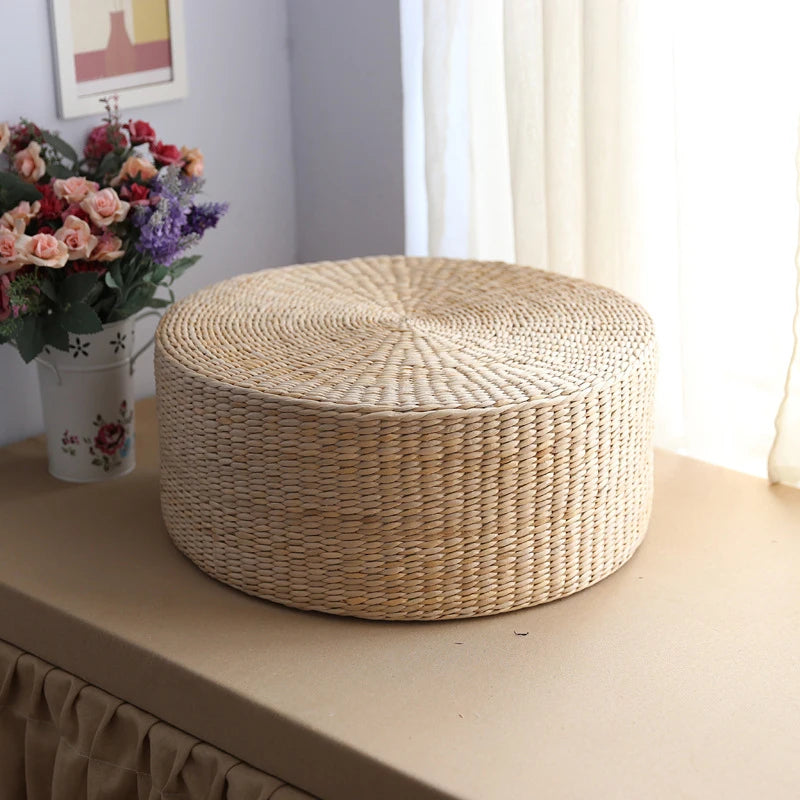 Meditation Cushion Round Straw Pouf Hand Woven Mat