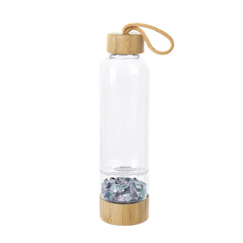 Gravel Gemstone Healing Glass Energy Elixir Drink Water Bottle Bamboo Glass Cup