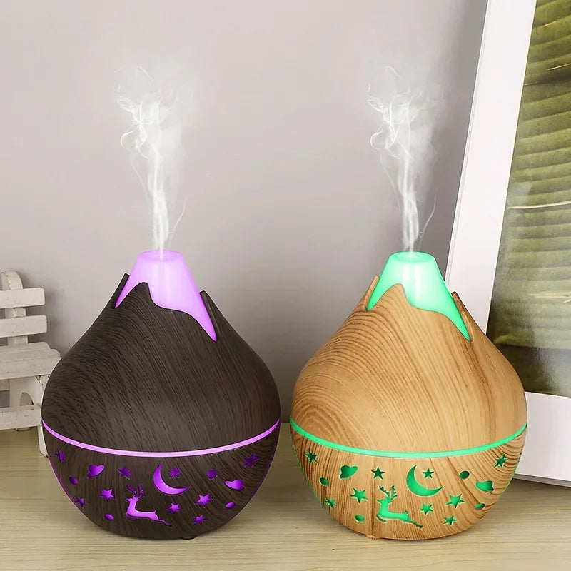 Mini Snow Mountain Hollow Out Wood Grain Aromatherapy Humidifier