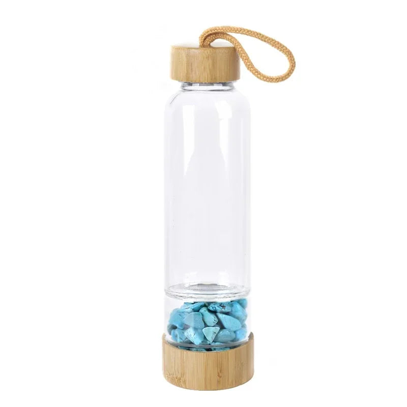 Gravel Gemstone Healing Glass Energy Elixir Drink Water Bottle Bamboo Glass Cup