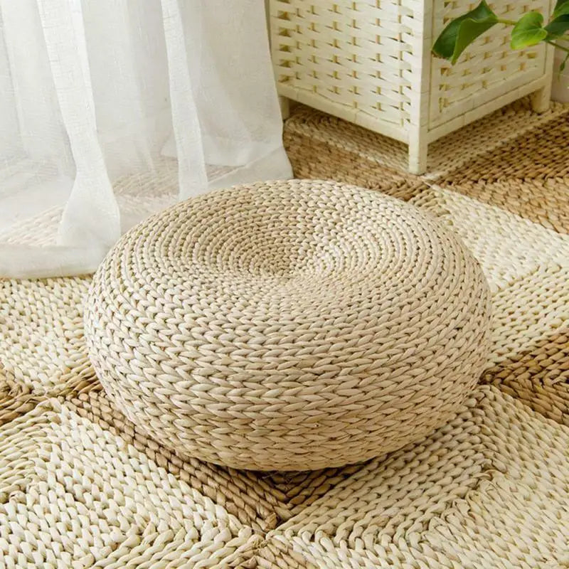 Meditation Cushion Round Straw Pouf Hand Woven Mat