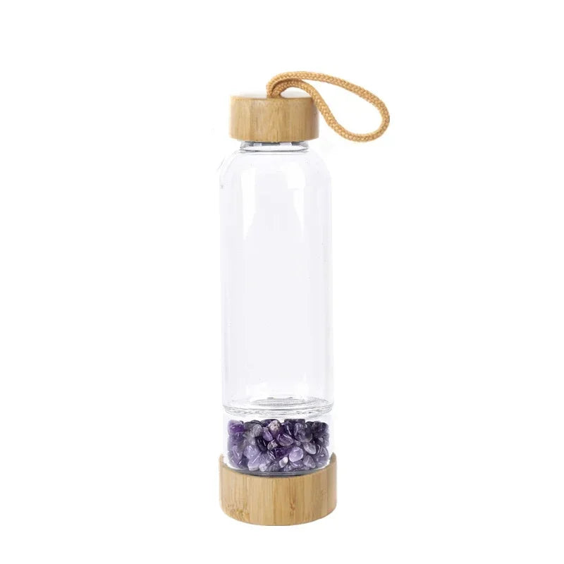 Gravel Gemstone Healing Glass Energy Elixir Drink Water Bottle Bamboo Glass Cup