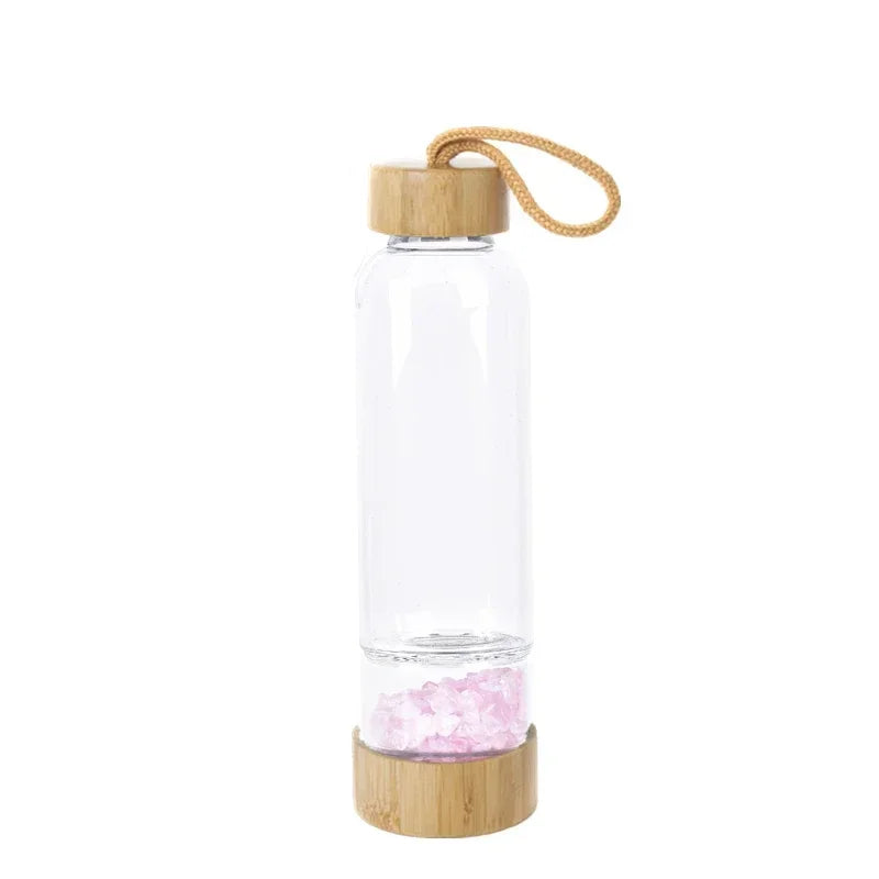 Gravel Gemstone Healing Glass Energy Elixir Drink Water Bottle Bamboo Glass Cup