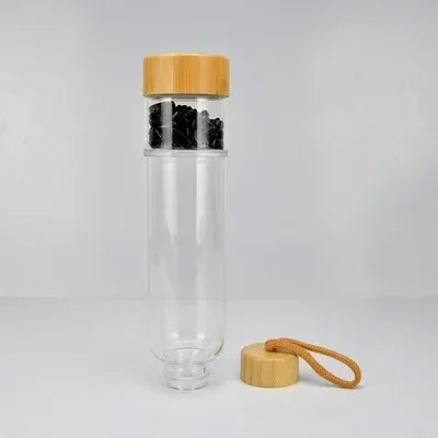 Gravel Gemstone Healing Glass Energy Elixir Drink Water Bottle Bamboo Glass Cup
