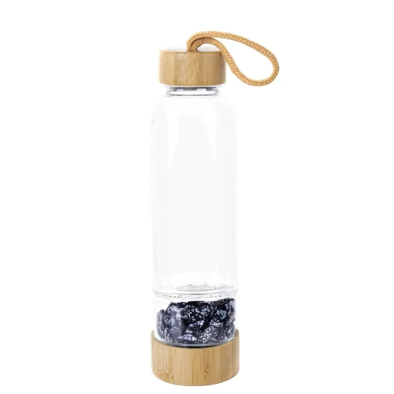 Gravel Gemstone Healing Glass Energy Elixir Drink Water Bottle Bamboo Glass Cup