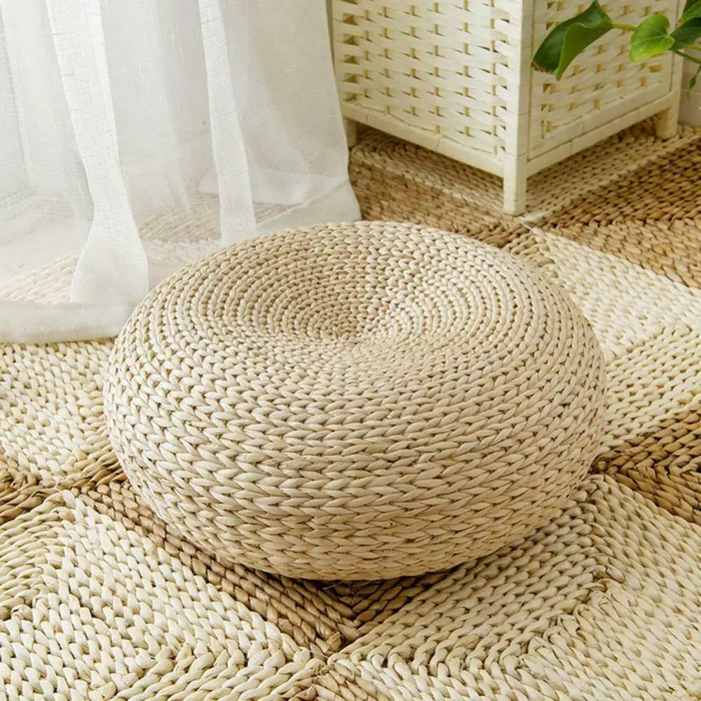 Meditation Cushion Round Straw Pouf Hand Woven Mat