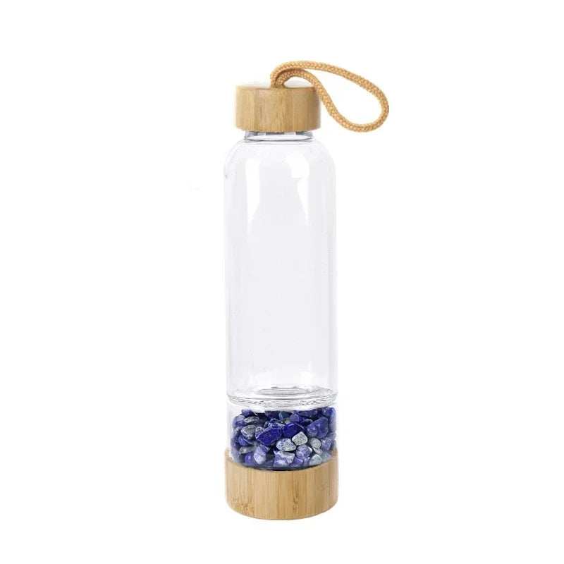 Gravel Gemstone Healing Glass Energy Elixir Drink Water Bottle Bamboo Glass Cup