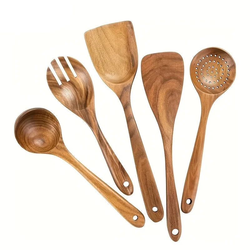 5Pcs Natural Wooden Tableware Wooden Spoon