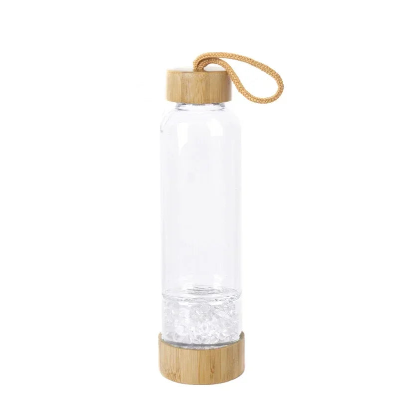 Gravel Gemstone Healing Glass Energy Elixir Drink Water Bottle Bamboo Glass Cup