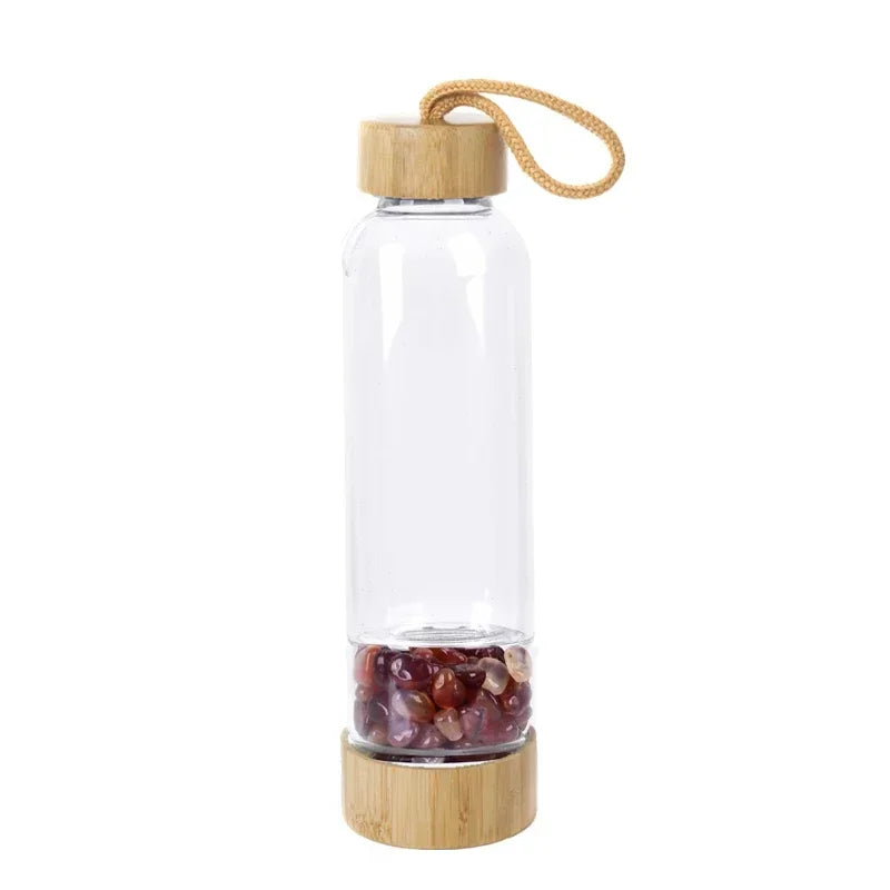 Gravel Gemstone Healing Glass Energy Elixir Drink Water Bottle Bamboo Glass Cup