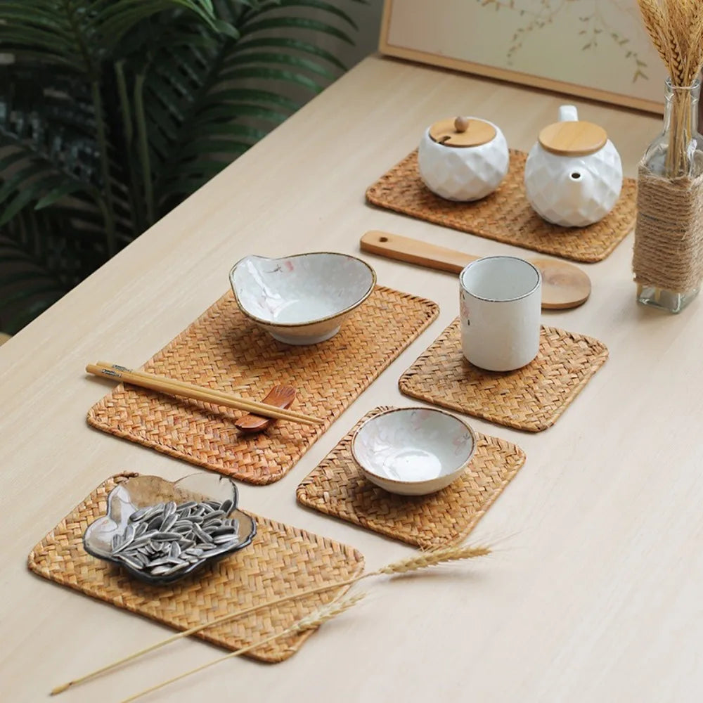 Natural Woven Rattan Table Placemats Rectangular Washable Table Mats
