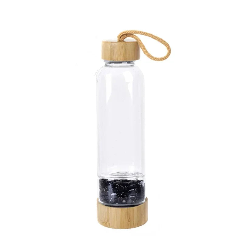 Gravel Gemstone Healing Glass Energy Elixir Drink Water Bottle Bamboo Glass Cup